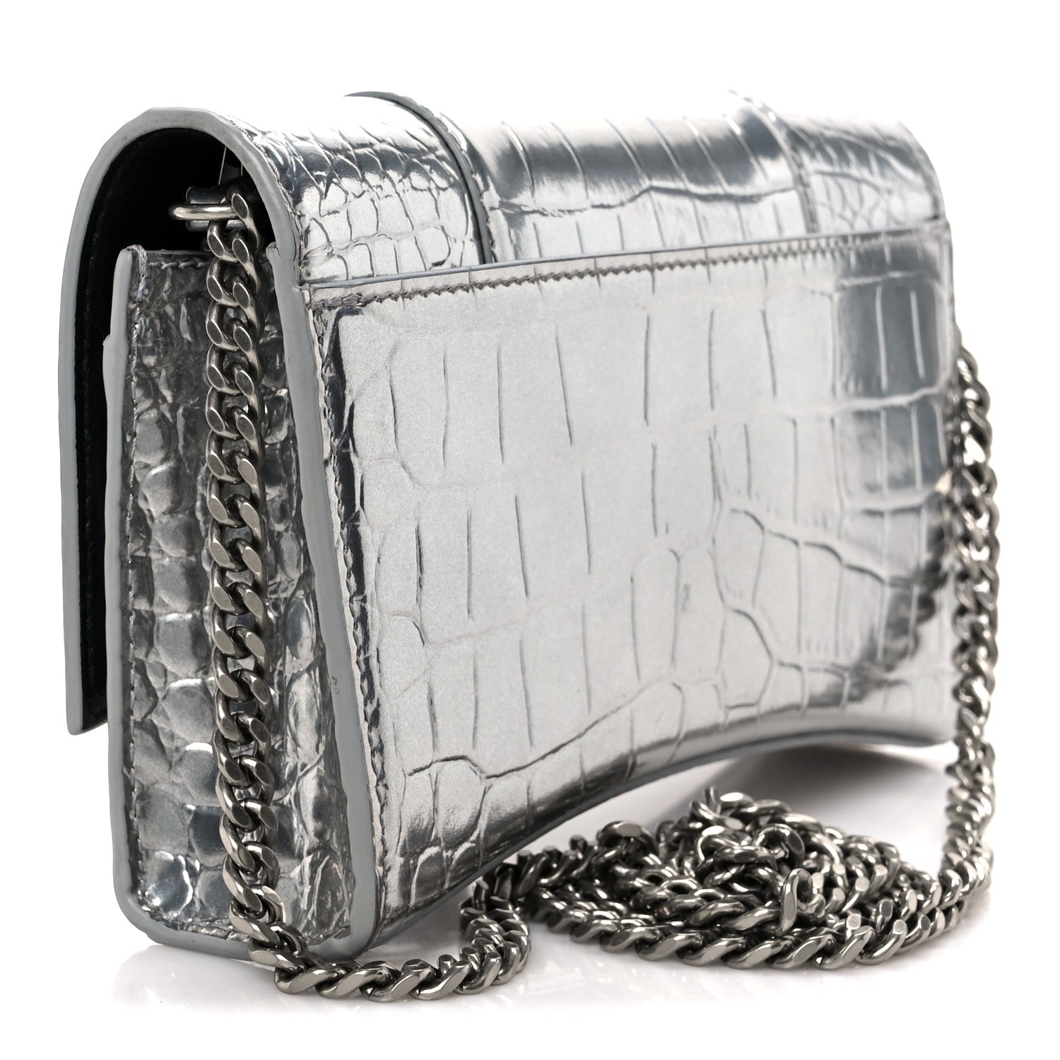 Balenciaga Shiny Calfskin Crocodile Embossed Hourglass Chain Bag Silver 3 of 11