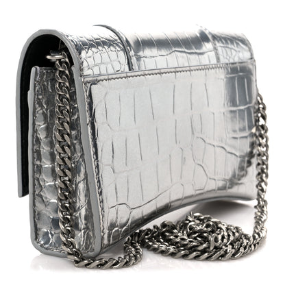 Balenciaga Shiny Calfskin Crocodile Embossed Hourglass Chain Bag Silver 3 of 11