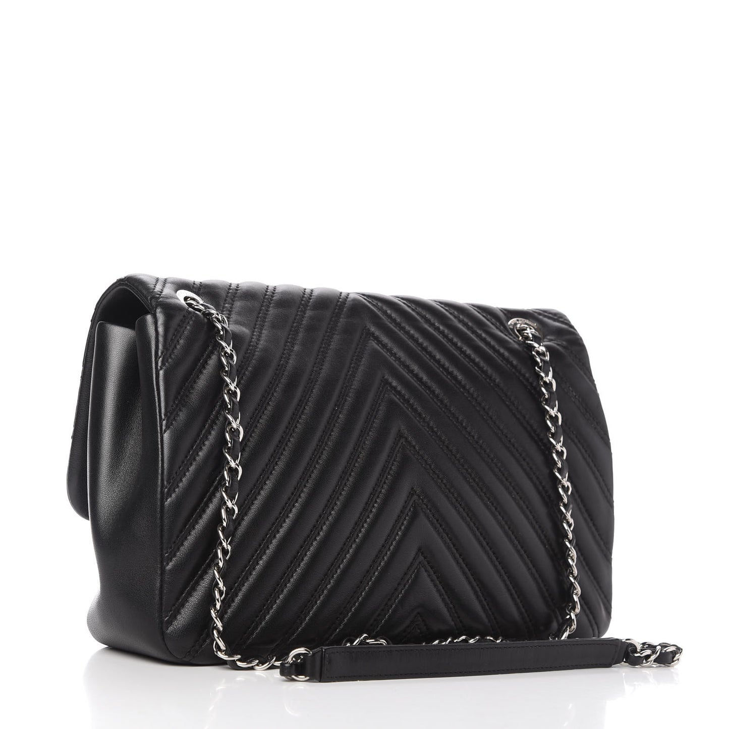 Lambskin Chevron Quilted Double Stitch Jumbo Single Flap Black