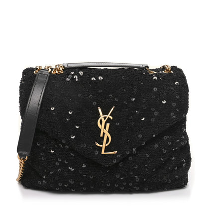 Saint Laurent Sequin Y Quilted Monogram Small Loulou Chain Satchel Black 1 of 10