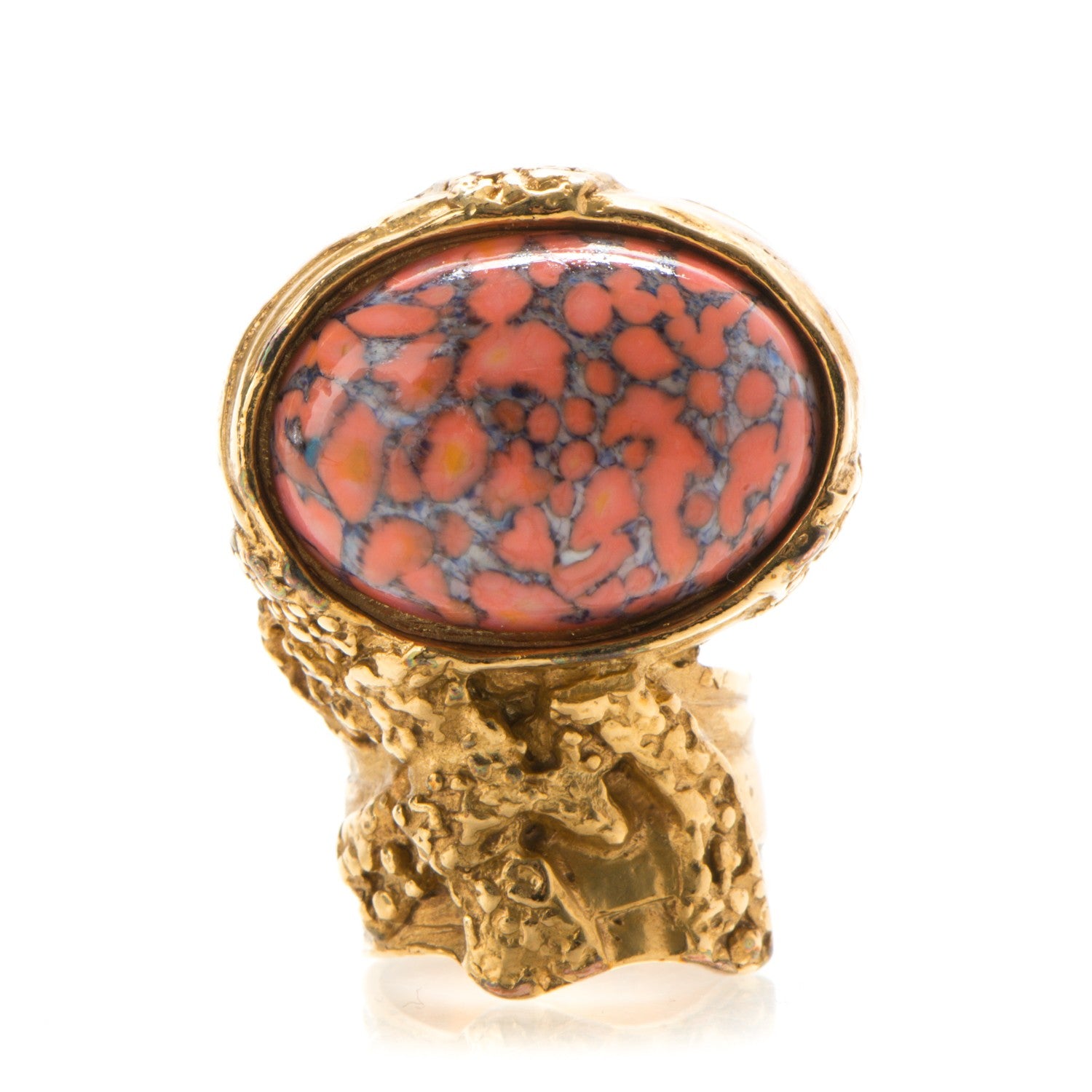 Saint Laurent Glass Cabochon Arty Ovale Ring 6 Gold Coral 1 of 3