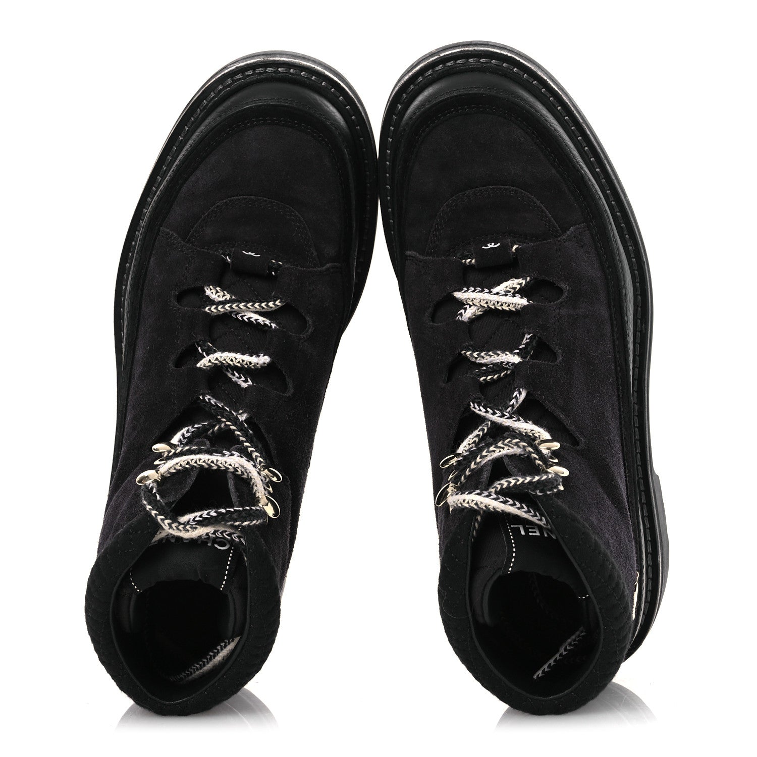 Chanel Suede Grained Calfskin CC Lace Up Boots 38 Black 1773713