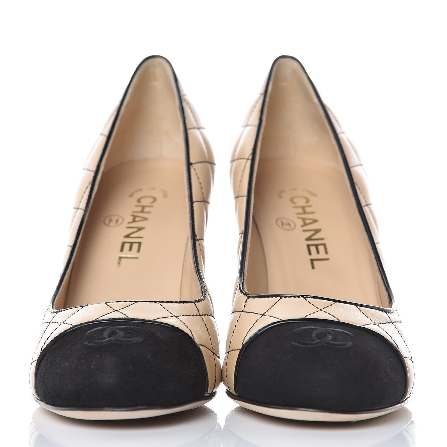 Lambskin Suede Quilted Cap Toe Pumps 38.5 Beige Black