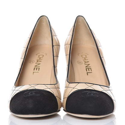 Chanel Lambskin Suede Quilted Cap Toe Pumps 38.5 Beige Black 2 of 9