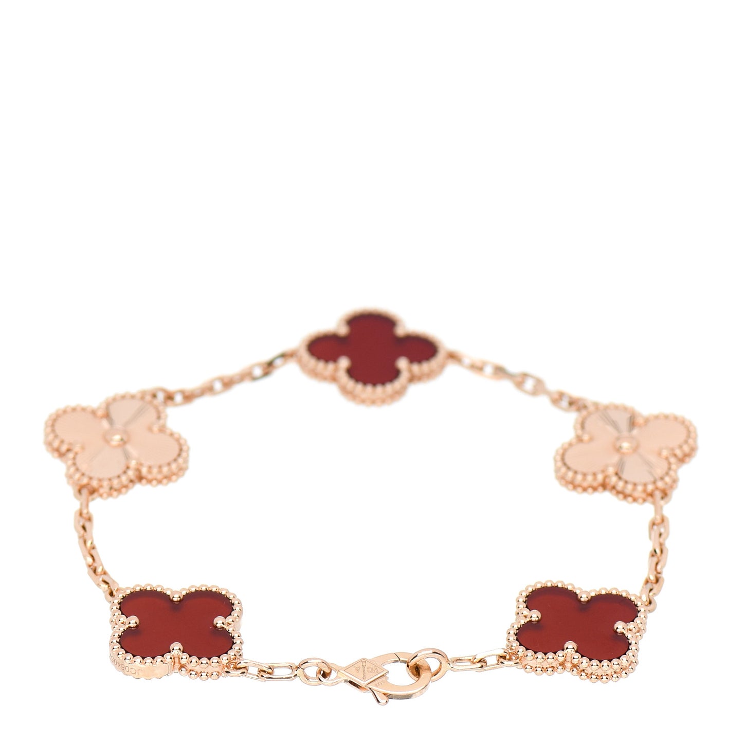18K Rose Gold Carnelian 5 Motifs Guilloche Vintage Alhambra Bracelet
