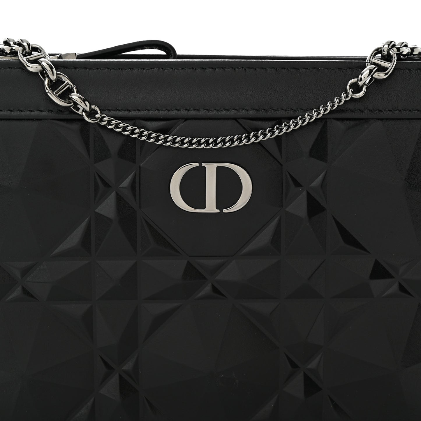 CHRISTIAN DIOR Calfskin Macrocannage Diamond Caro Zipped Pouch With Chain Black