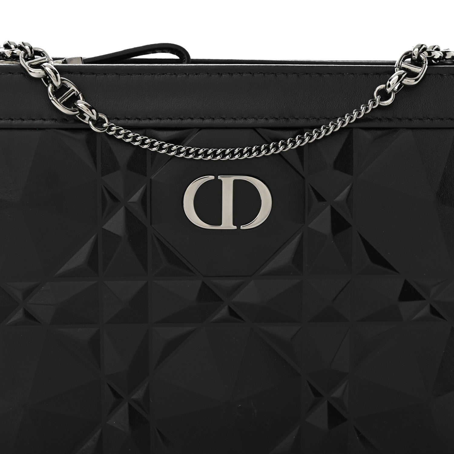 Christian Dior CHRISTIAN DIOR Calfskin Macrocannage Diamond Caro Zipped Pouch With Chain Black 5 of 11