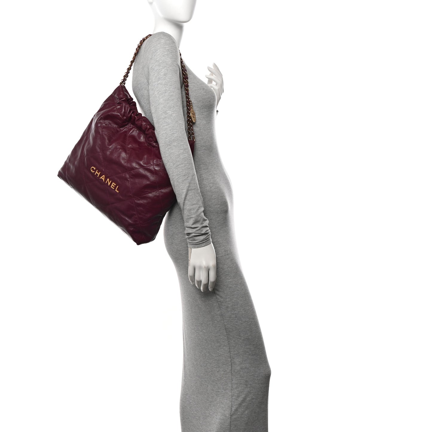 Shiny Calfskin Quilted Chanel 22 Drawstring Bag Dark Purple