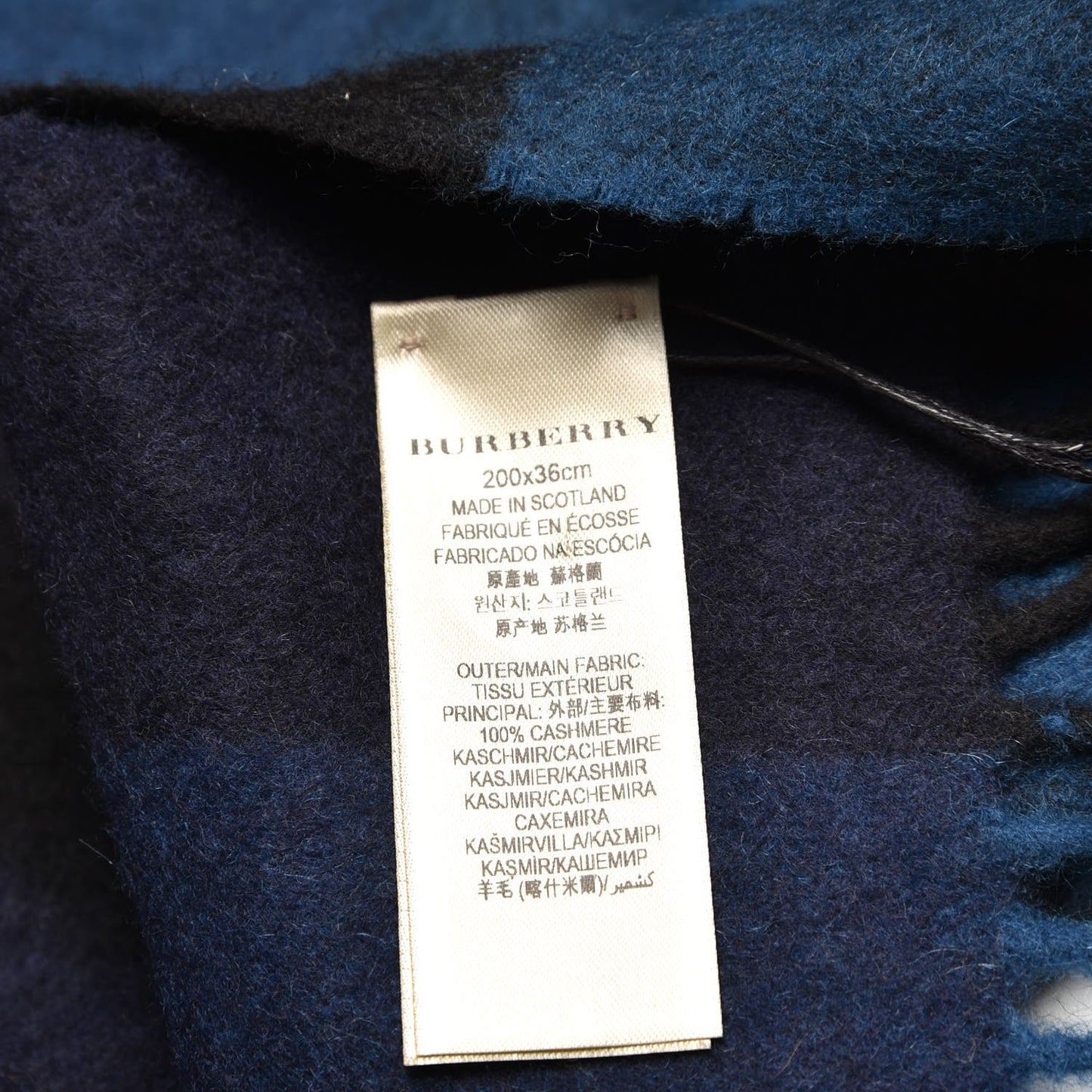 Cashmere Half Mega Check Fringe Scarf Indigo Blue