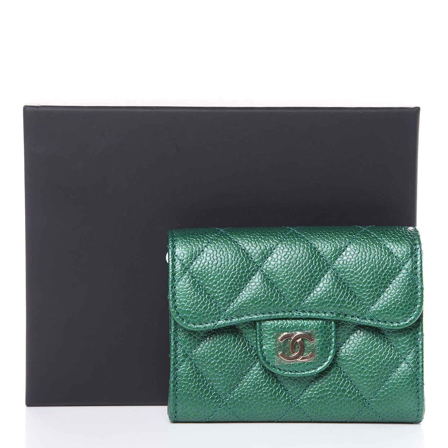 Metallic Caviar Quilted Card Holder Wallet Green