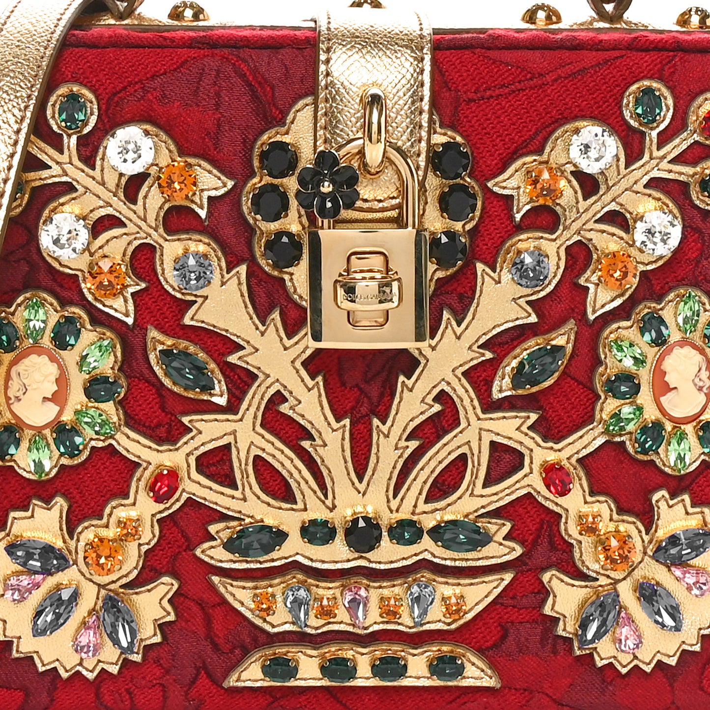 Brocade Dauphine Crystal Embellished Box Bag Red Gold