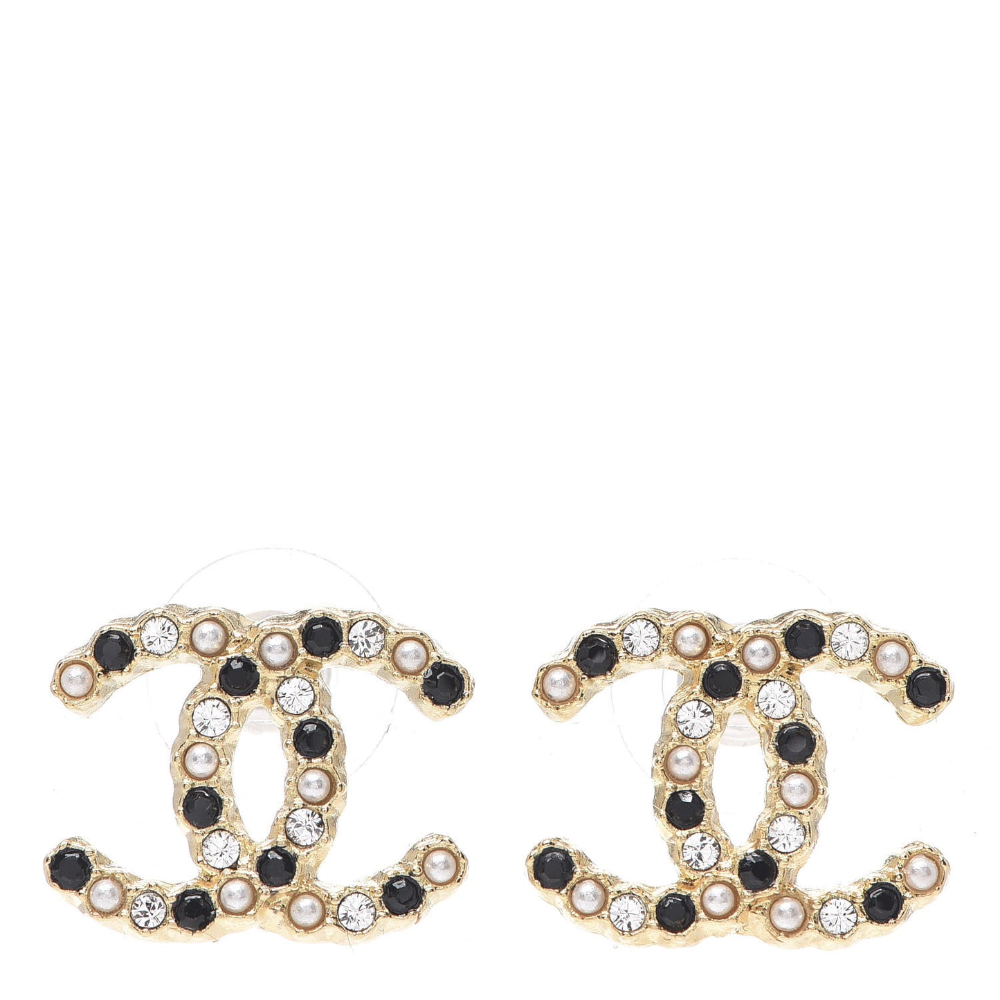 Resin Pearl Crystal CC Earrings Gold Black