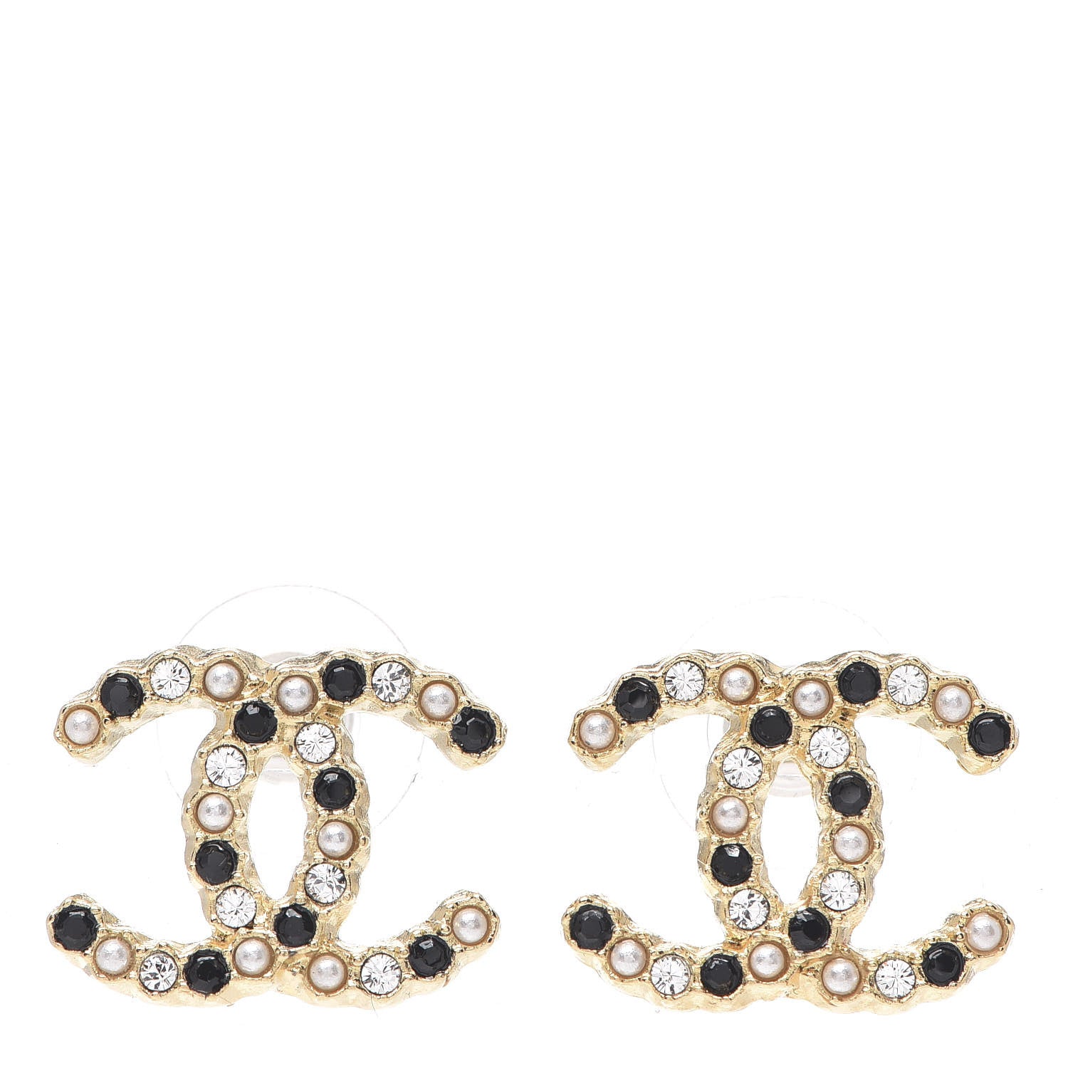 Chanel Resin Pearl Crystal CC Earrings Gold Black 1 of 4