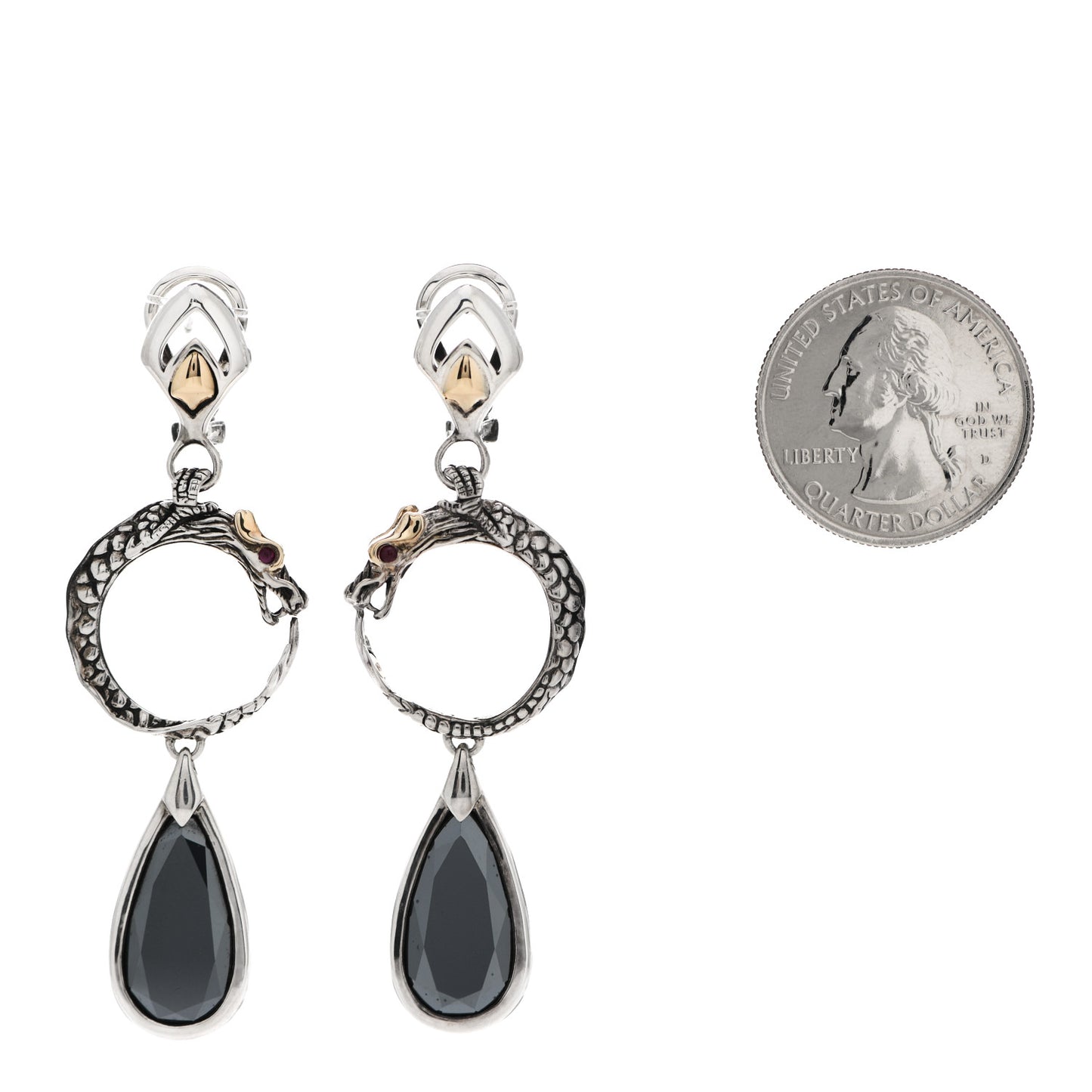Sterling Silver 18K Yellow Gold Hematine Ruby Naga Batu Drop Earrings