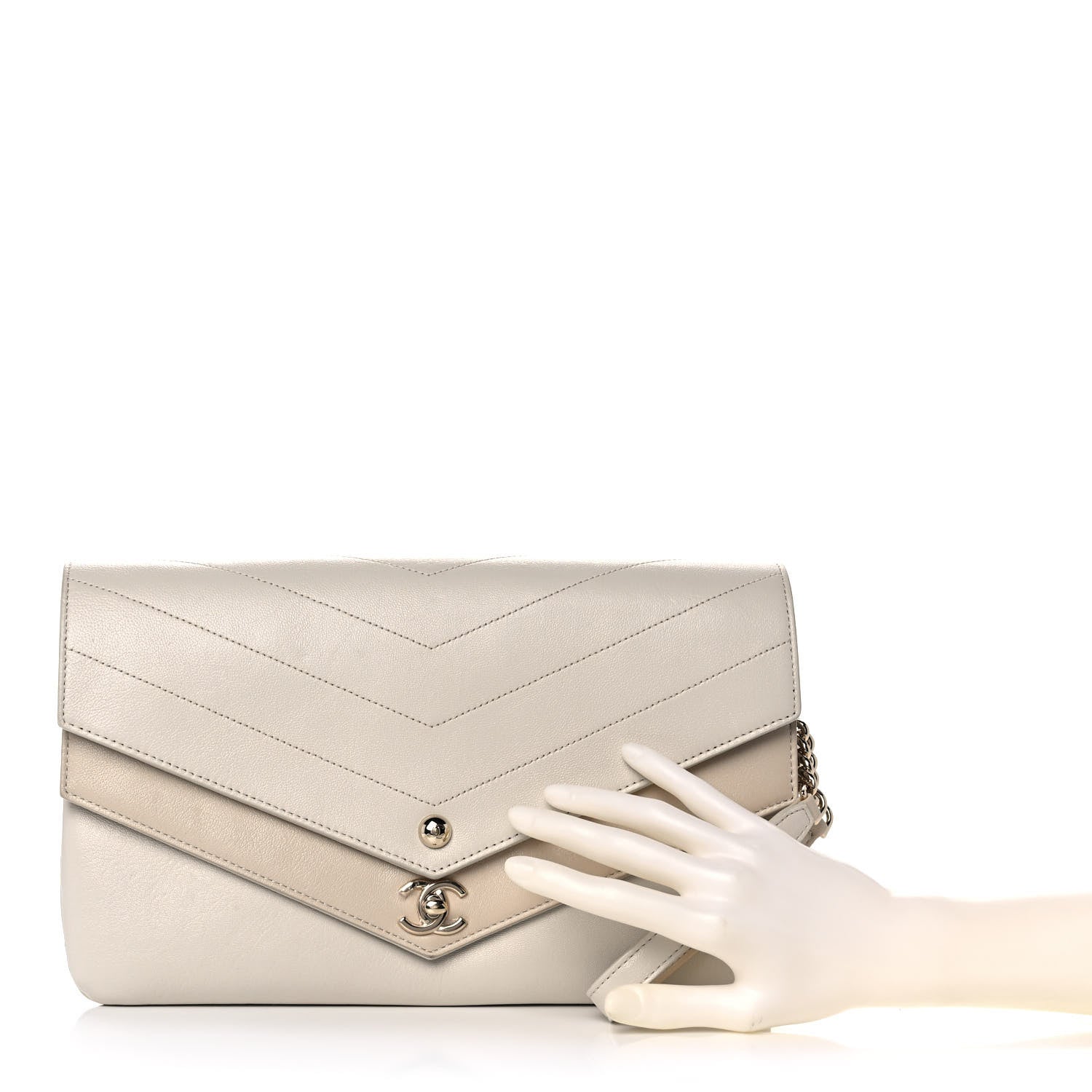 Chanel Sheepskin Chevron Quilted Double Chevron Wristlet Clutch White 3 of 12