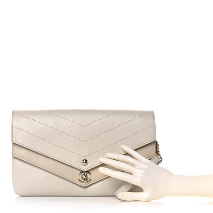 Chanel Sheepskin Chevron Quilted Double Chevron Wristlet Clutch White 3 of 12