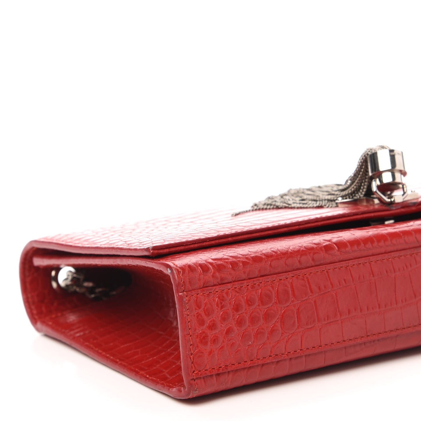 Calfskin Crocodile Embossed Medium Classic Monogram Kate Tassel Satchel Red