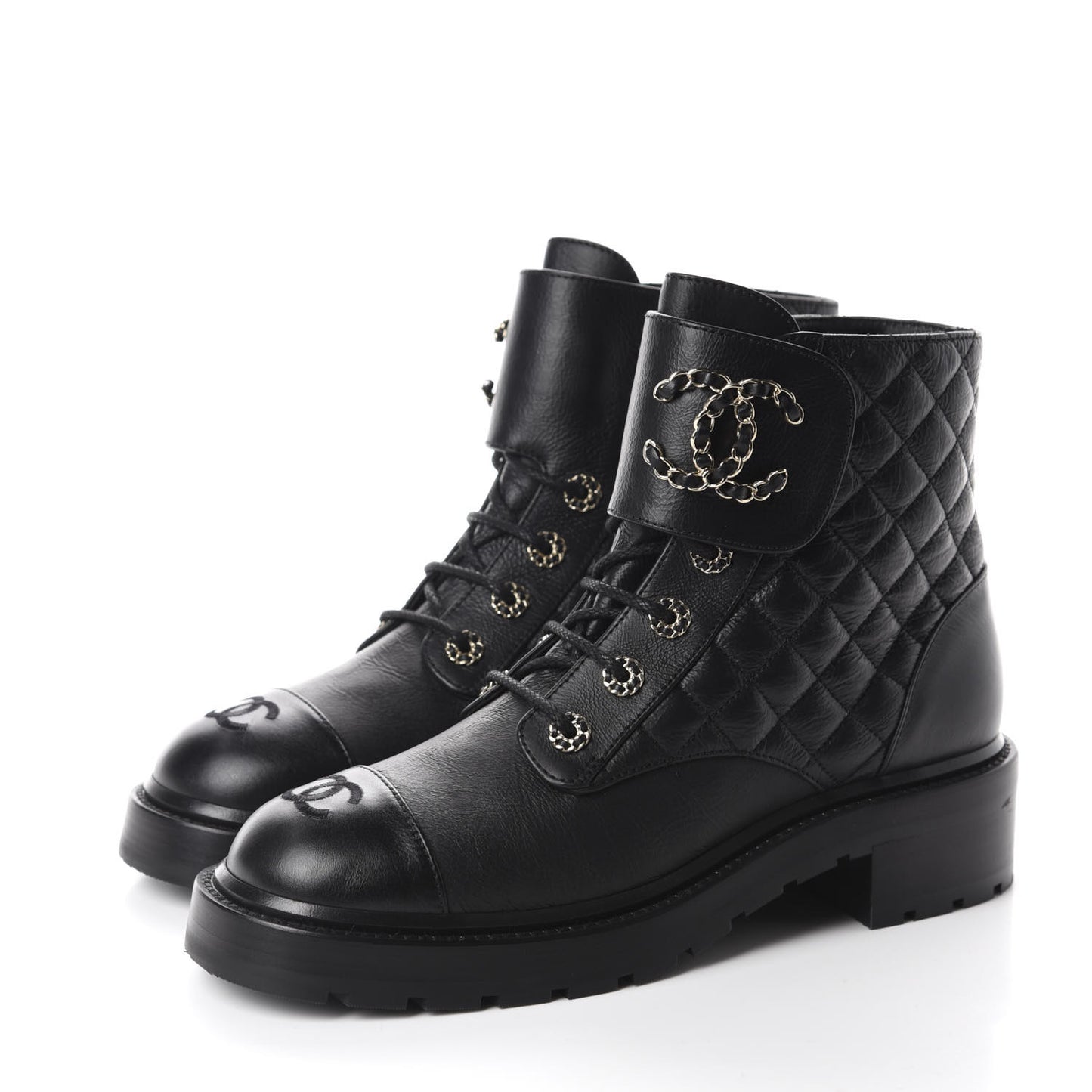 Shiny Goatskin Calfskin Quilted Lace Up Combat Boots 40.5 Black