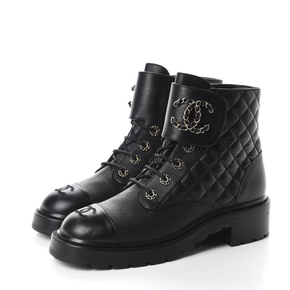 Chanel Shiny Goatskin Calfskin Quilted Lace Up Combat Boots 40.5 Black 3 of 11