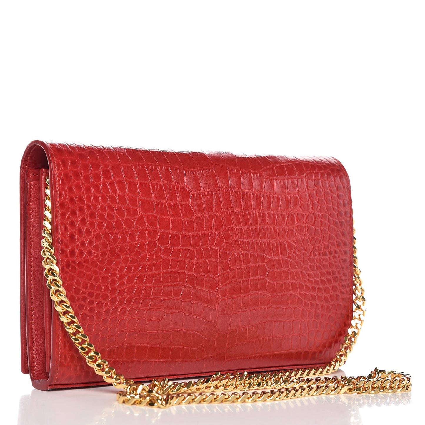 Calfskin Crocodile Embossed Monogram Chain Wallet New Red