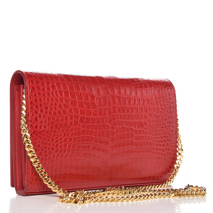 Saint Laurent Calfskin Crocodile Embossed Monogram Chain Wallet New Red 3 of 10