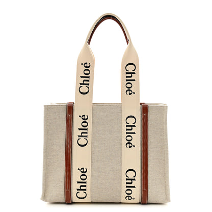 Chloe Cotton Calfskin Medium Woody Ribbon Tote White Brown 1 of 13