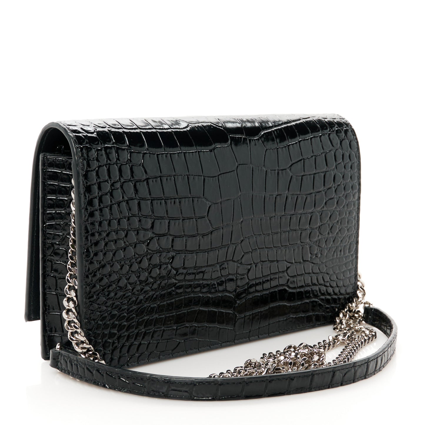 Calfskin Crocodile Embossed Kate Monogram Tassel Chain Wallet Black