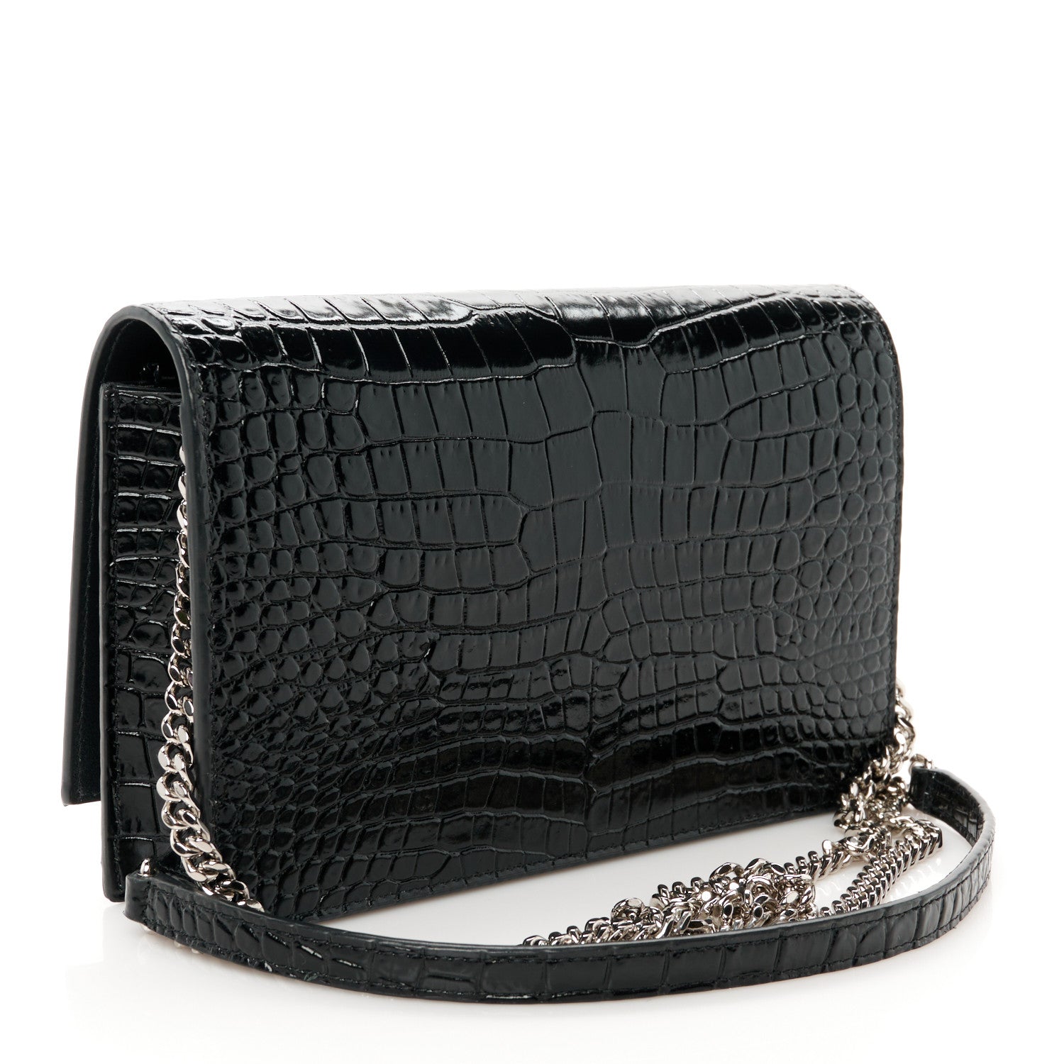 Saint Laurent Calfskin Crocodile Embossed Kate Monogram Tassel Chain Wallet Black 3 of 9