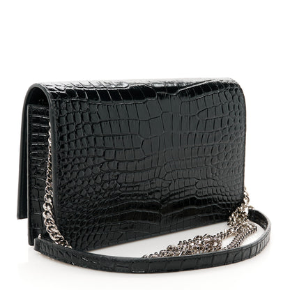 Saint Laurent Calfskin Crocodile Embossed Kate Monogram Tassel Chain Wallet Black 3 of 9