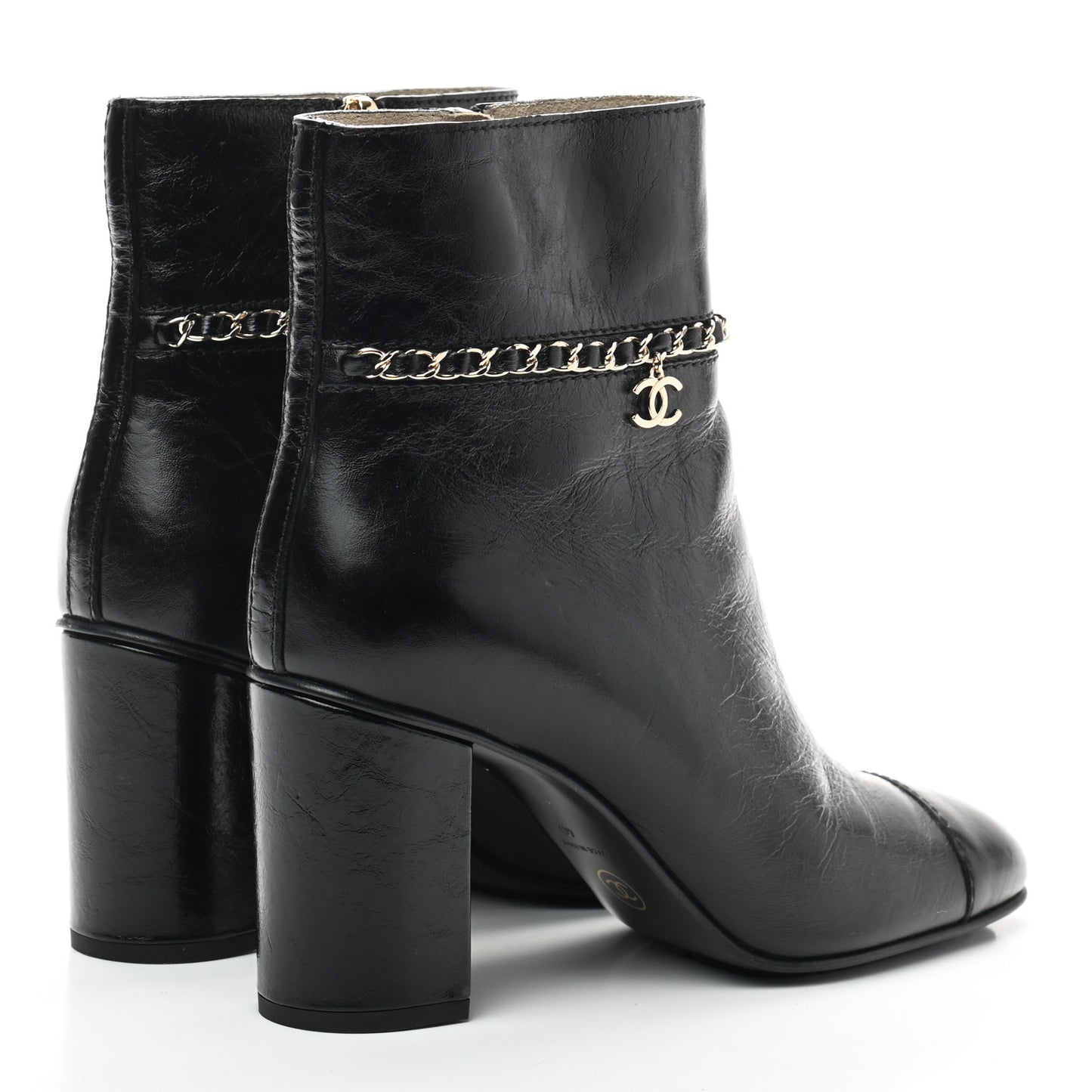 Crumpled Calfskin Cap Toe Chain Short Boots 40 Black