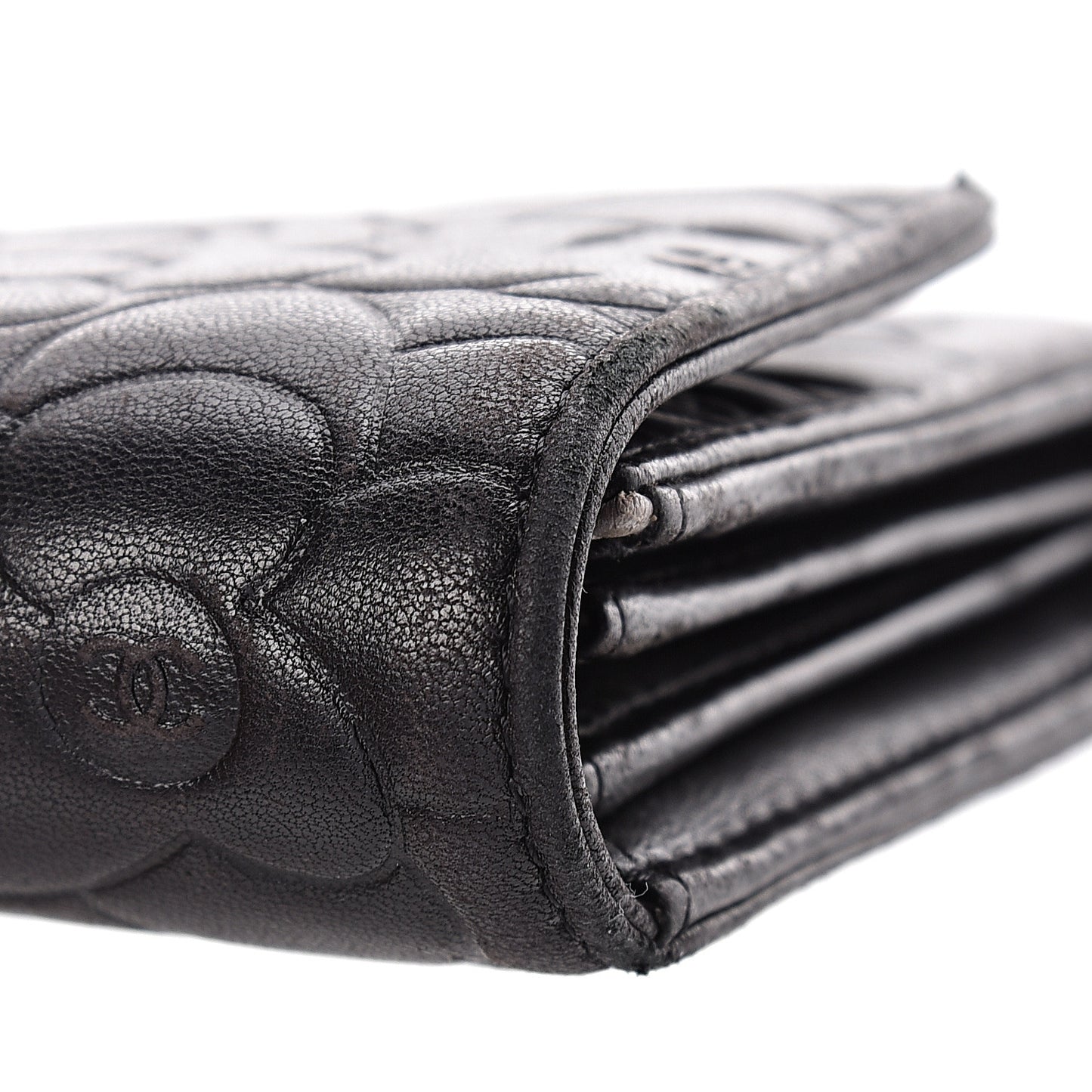 Lambskin Embossed Camellia Large Gusset Flap Wallet Black