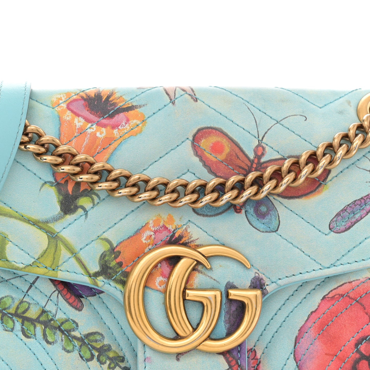 X UNSKILLED WORKER Calfskin Matelasse Flora Painted Small GG Marmont Shoulder Bag Cloudy Blue Multicolor