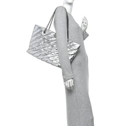 Balenciaga Metallic Crushed Calfskin Quilted Medium Crush Carry All Tote Bag Silver 2 of 10