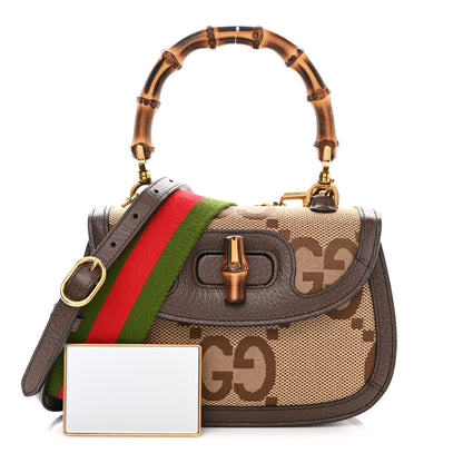 Gucci Monogram Jumbo GG Textured Dollar Calfskin Web Small Bamboo 1947 Top Handle Bag Camel Ebony New Acero 1 of 12