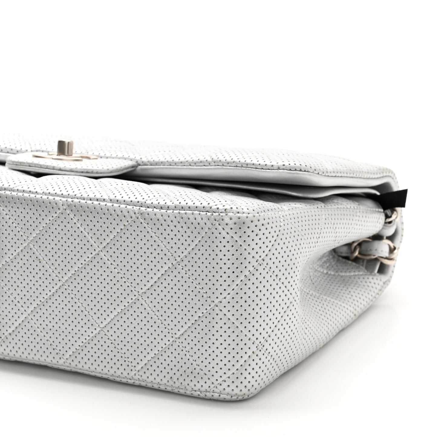 Metallic Perforated Lambskin Quilted Jumbo Double Flap Light Silver