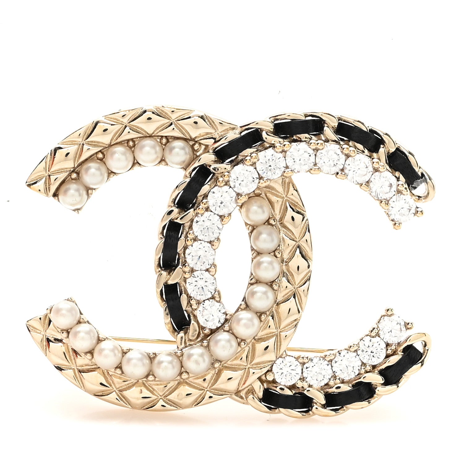 Chanel Lambskin Pearl Crystal Quilted CC Brooch Black Gold 1 of 3