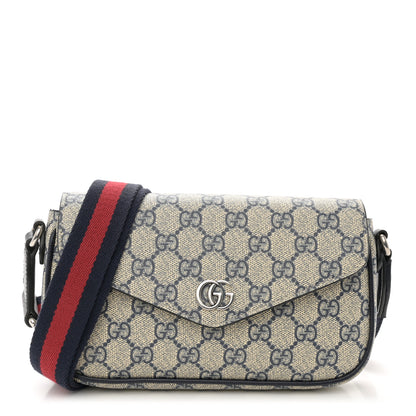 Gucci GG Supreme Monogram Textured Dollar Calfskin Web Mini Ophidia Envelope Shoulder Bag Beige Blue 1 of 10