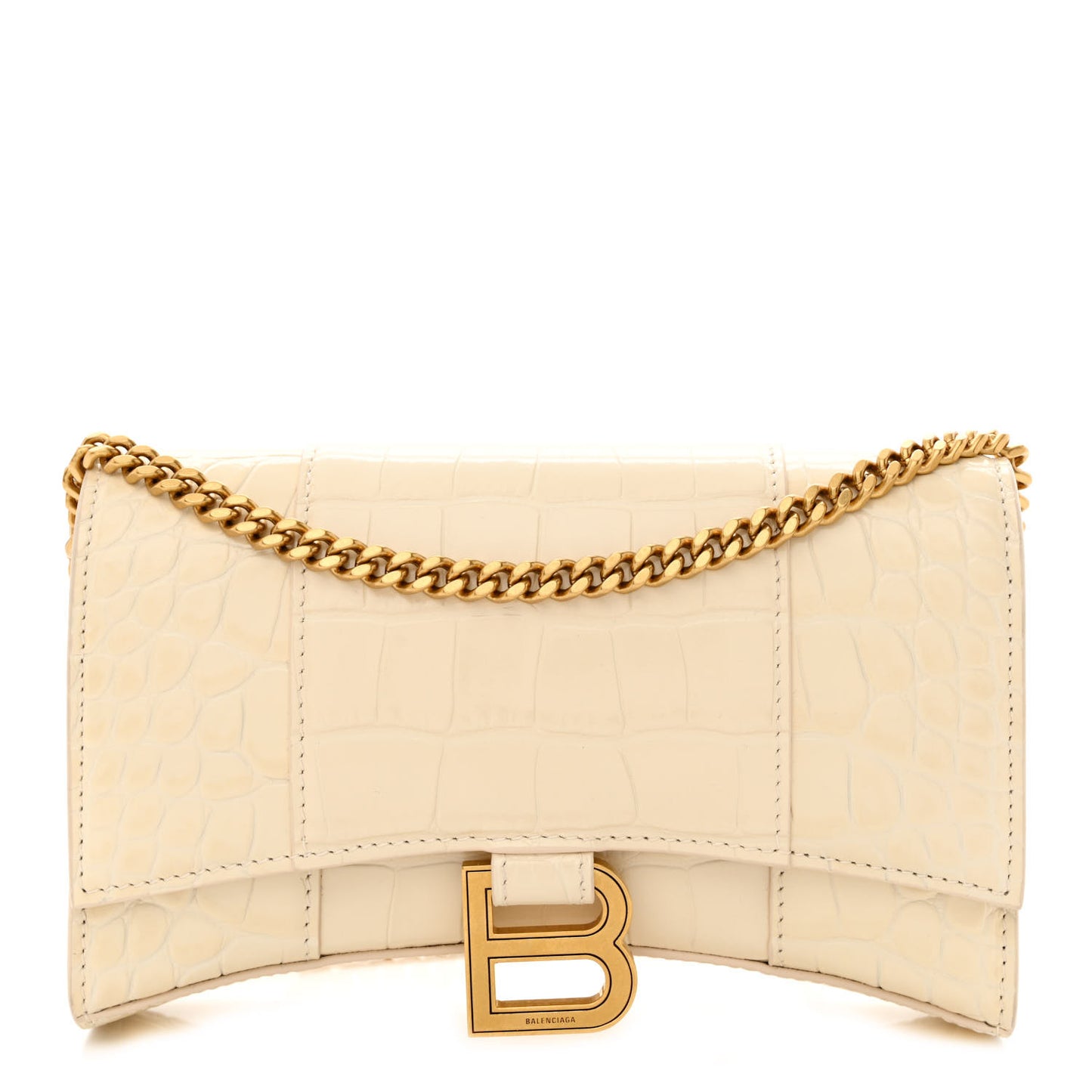 Shiny Calfskin Crocodile Embossed Hourglass Chain Bag Cream