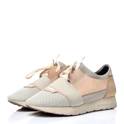 Balenciaga Mesh Calfskin Neoprene Suede Womens Race Runner Sneakers 40 White Black Craie Beige 3 of 15