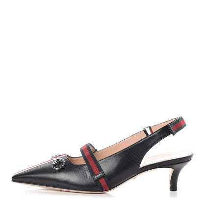 Gucci Malaga Kid Web Horsebit Low Heel Slingback Pumps 38 Black 1 of 8