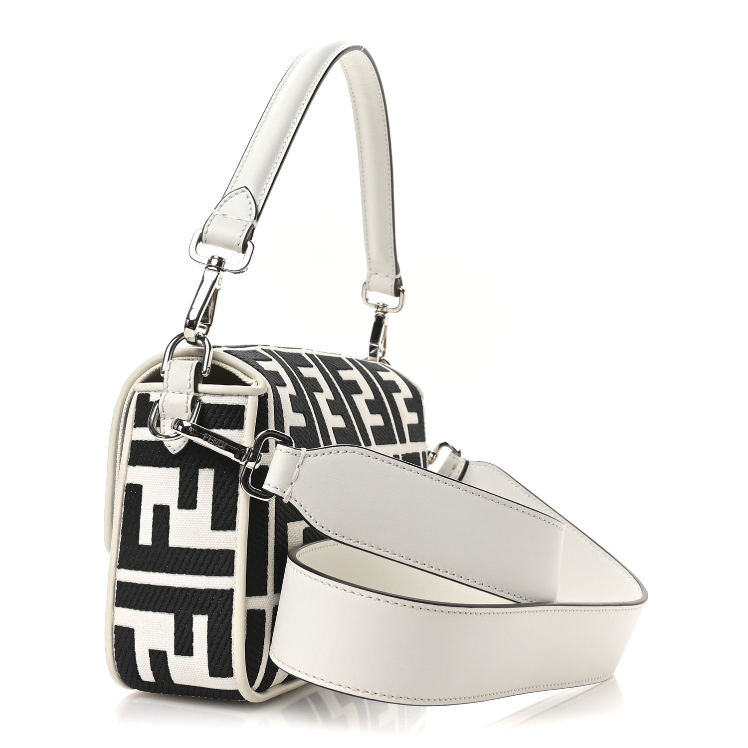 Fendi Canvas Vitello King FF Embroidered Baguette White Black 3 of 11
