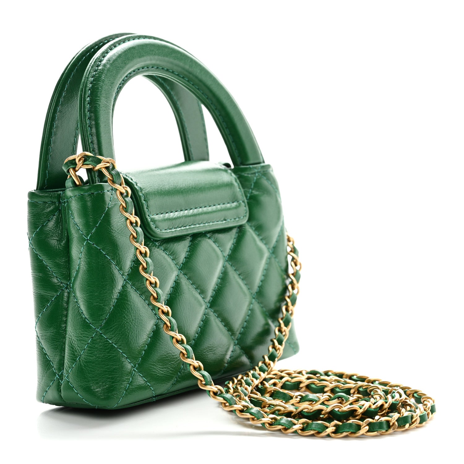 Chanel Shiny Aged Calfskin Quilted Mini Nano Kelly Shopper Green 3 of 10