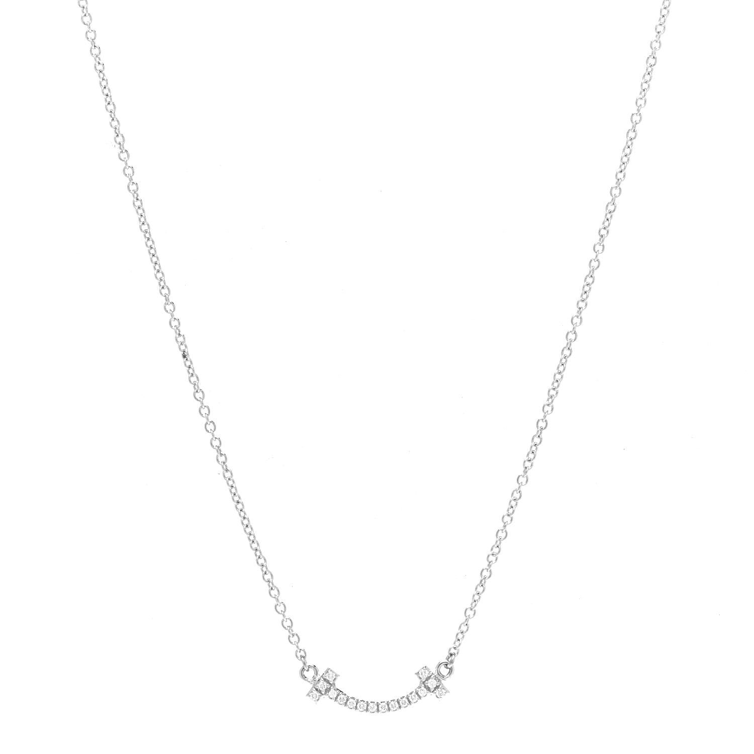 Tiffany 18K White Gold Diamond Mini T Smile Pendant Necklace 1 of 7