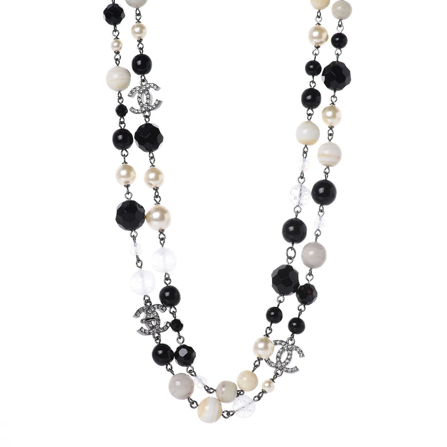 Pearl Crystal Bead CC Long Necklace Black