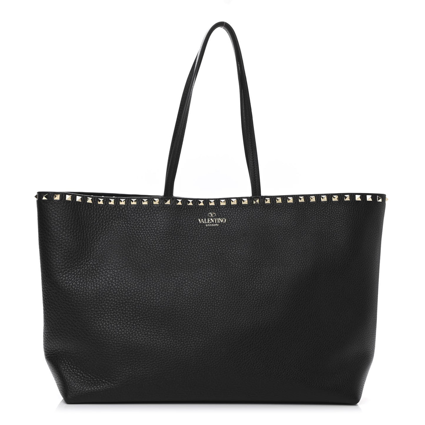 Grained Calfskin Rockstud Shoulder Tote Black