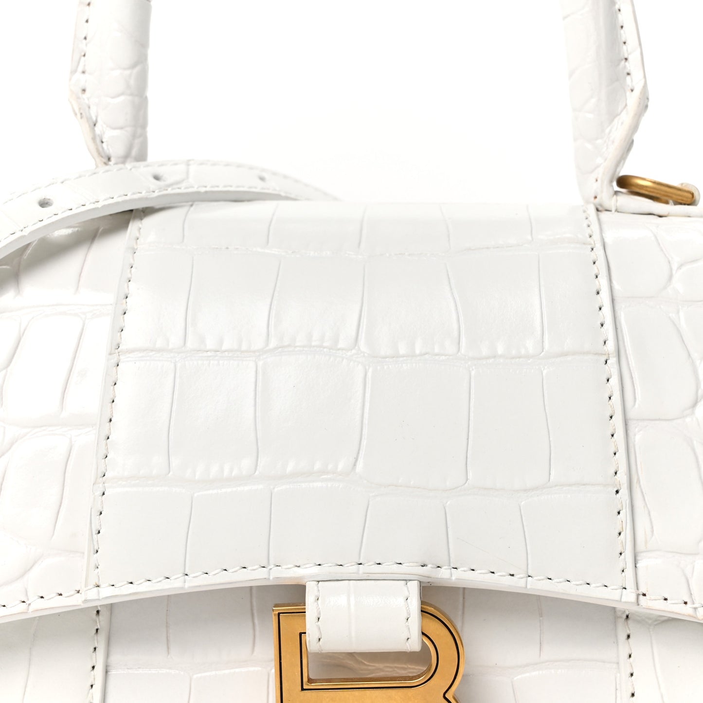 Shiny Calfskin Crocodile Embossed Hourglass Top Handle Bag XS White
