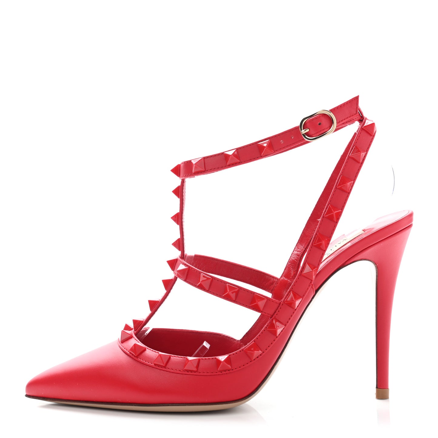 Calfskin Lacquered Monochrome Rockstud Ankle Strap 100mm Pumps 38 Rouge Pur