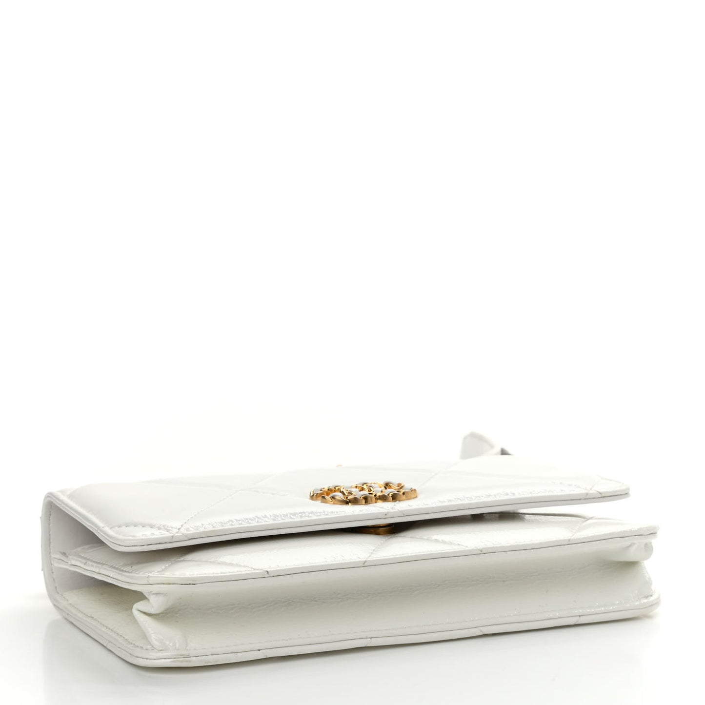 Shiny Crumpled Calfskin Quilted Chanel 19 Wallet On Chain WOC White
