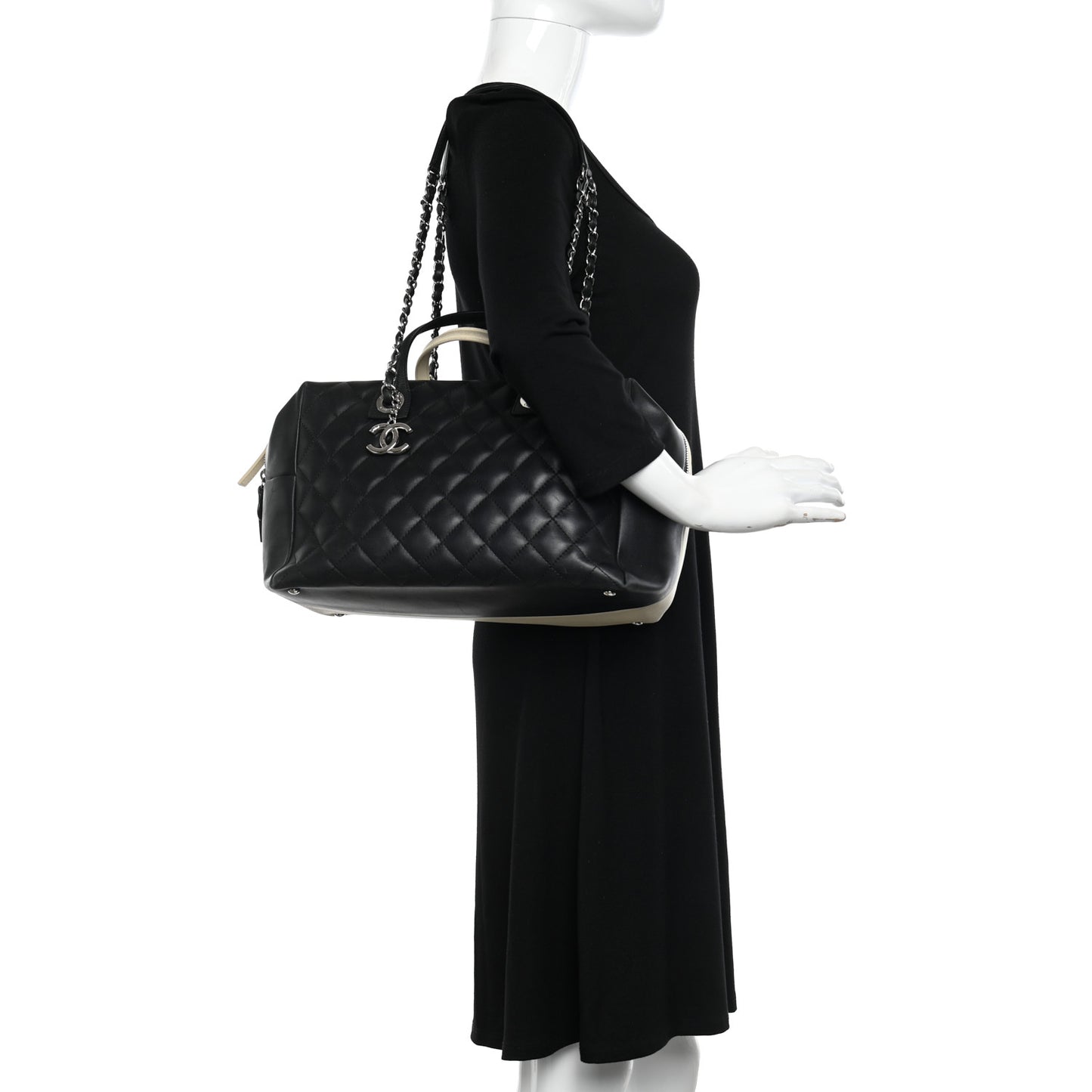Calfskin Quilted Large Feather Weight Bowling Bag Black Ivory