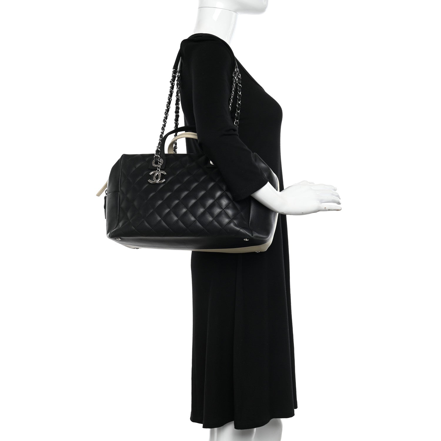 Chanel Calfskin Quilted Large Feather Weight Bowling Bag Black Ivory 2 of 21